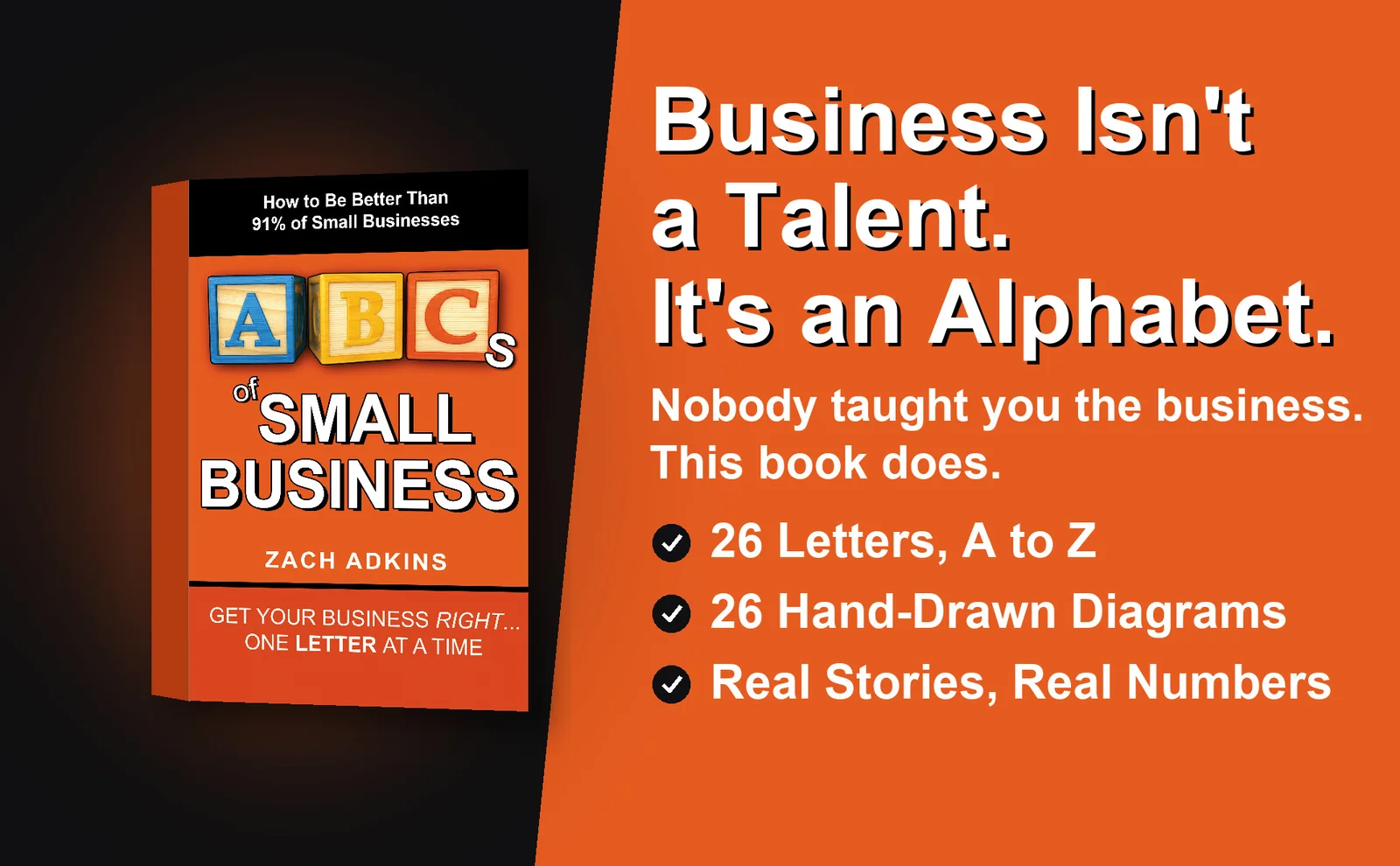 The ABCs of Small Business, a 3D book on black beside an orange panel: Business Isn't a Talent. It's an Alphabet. Nobody taught you the business. This book does. Three checkmarks: 26 letters A to Z, 26 hand-drawn diagrams, real stories, real numbers.