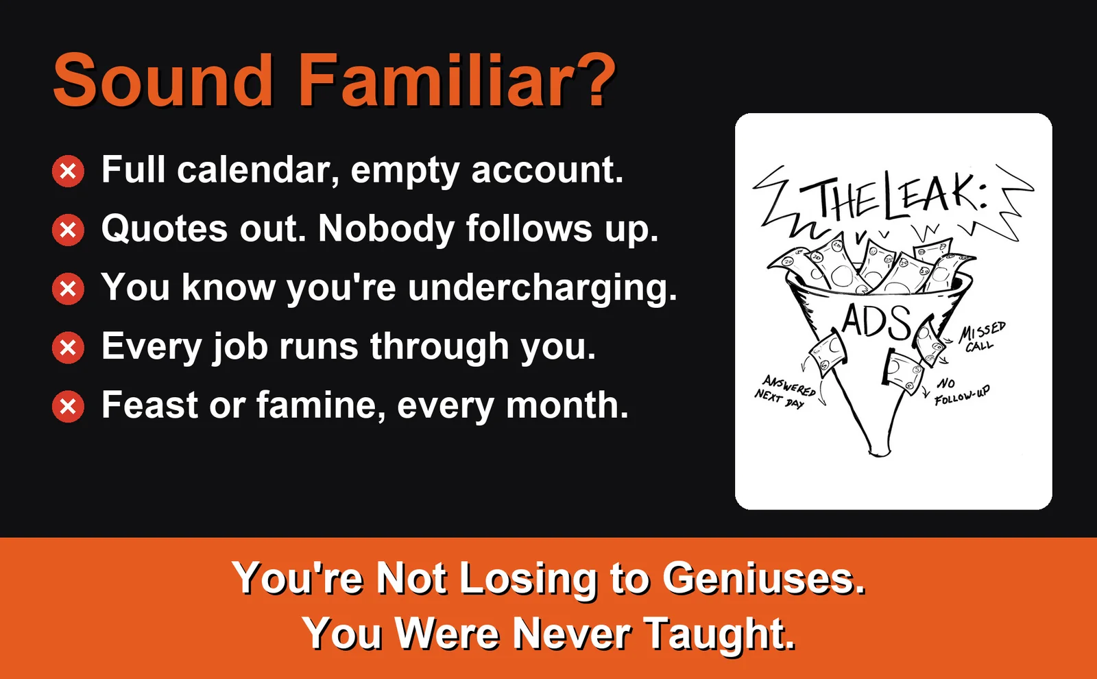 Black panel headed Sound Familiar? Five owner pains marked with red crosses: full calendar, empty account; quotes out, nobody follows up; you know you're undercharging; every job runs through you; feast or famine, every month. Beside them, the hand-drawn Leak: an ads funnel losing money to missed calls and no follow-up. Orange band: You're Not Losing to Geniuses. You Were Never Taught.