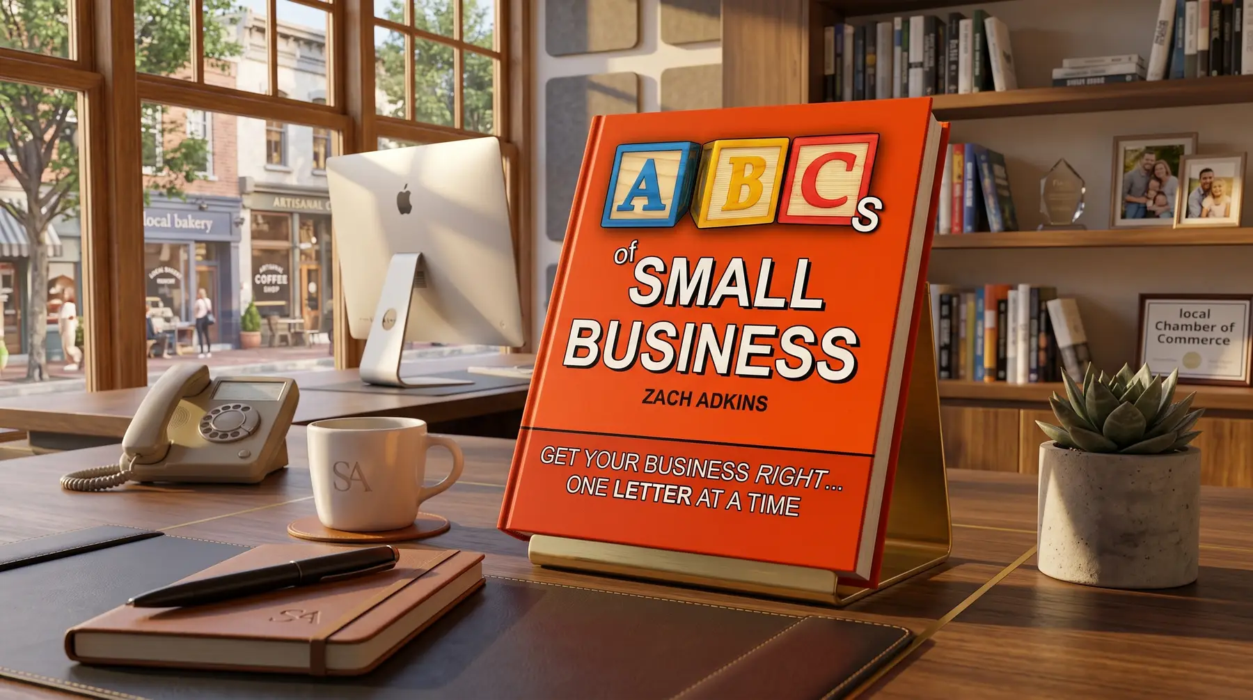 The ABCs of Small Business standing on a desk in a small-town shop office, morning light through the window.