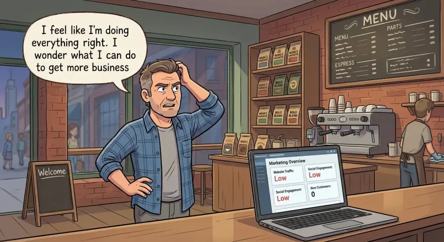 Comic panel: a coffee-shop owner scratches his head at the counter. His laptop shows website traffic low, new customers zero.