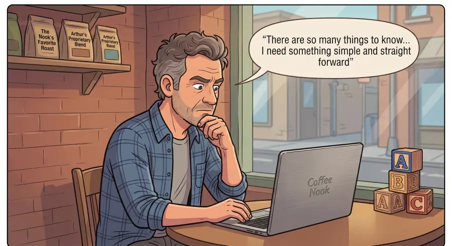 Comic panel: the owner frowns at his laptop at night, thinking there are so many things to know and he needs something simple.