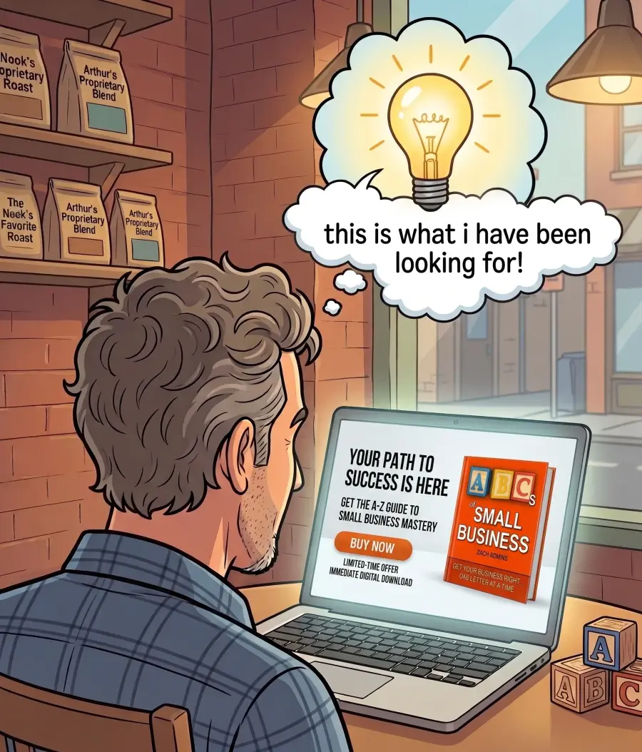 Comic panel: a lightbulb goes on over the owner as he finds The ABCs of Small Business on his laptop.