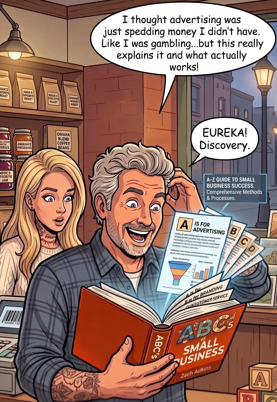 Comic panel: the owner reads letter A, Advertising, grinning, while pages for B, C and D fan out of the book.