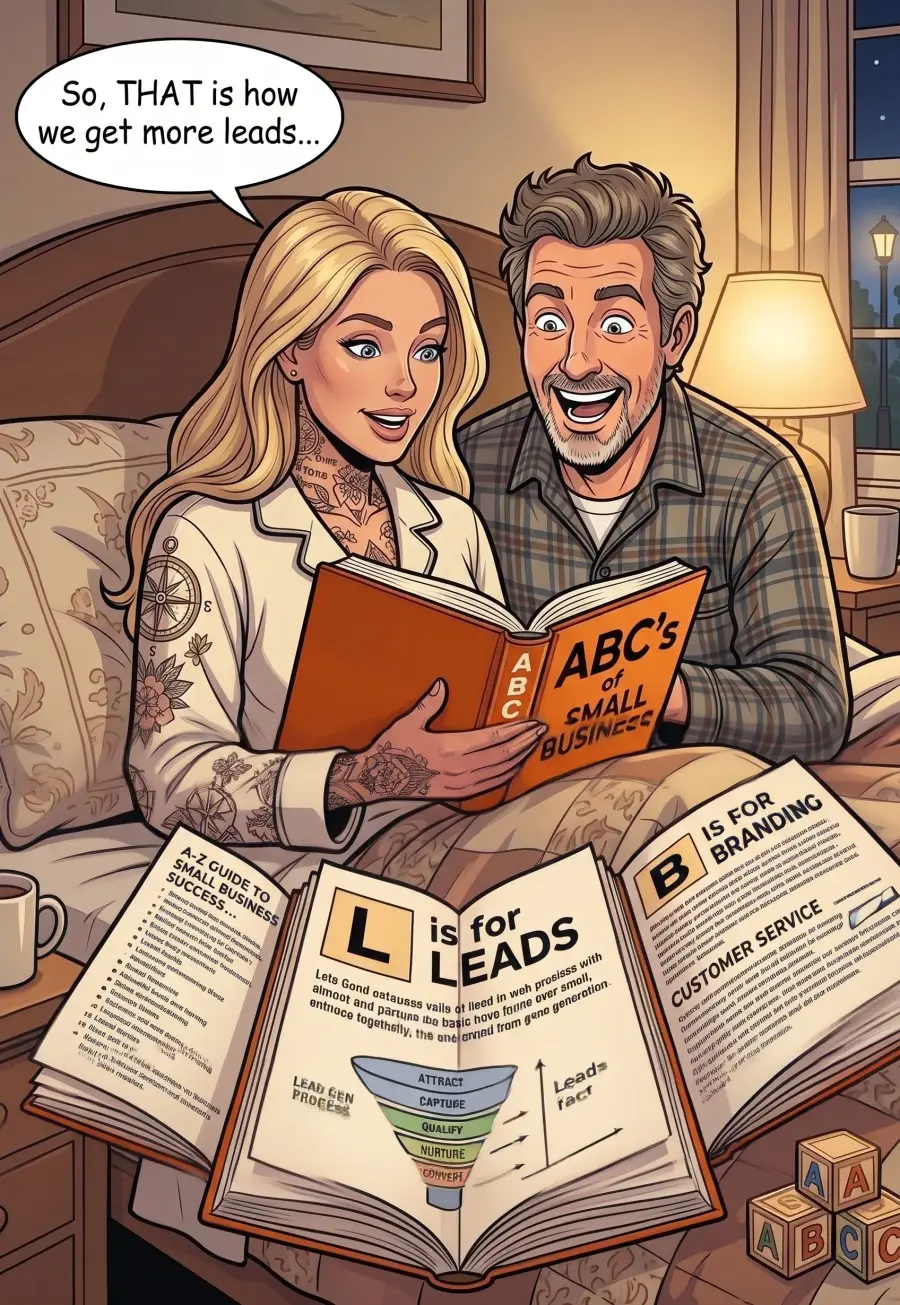 Comic panel: the owner and his wife read the L is for Leads chapter in bed, looking at the lead funnel diagram.