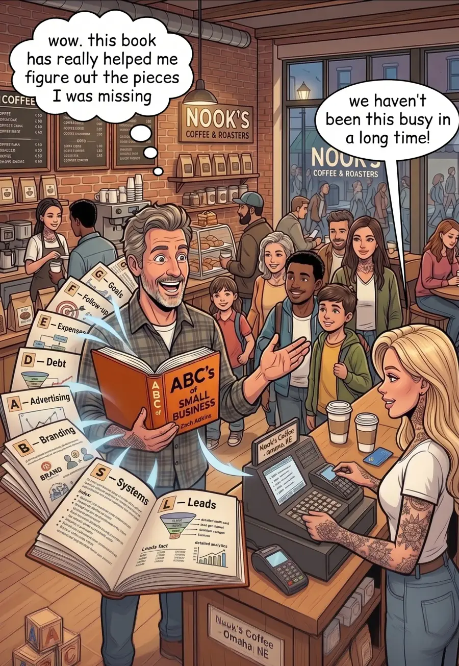 Comic panel: the shop is crowded with smiling customers at the register while the owner holds the book open.