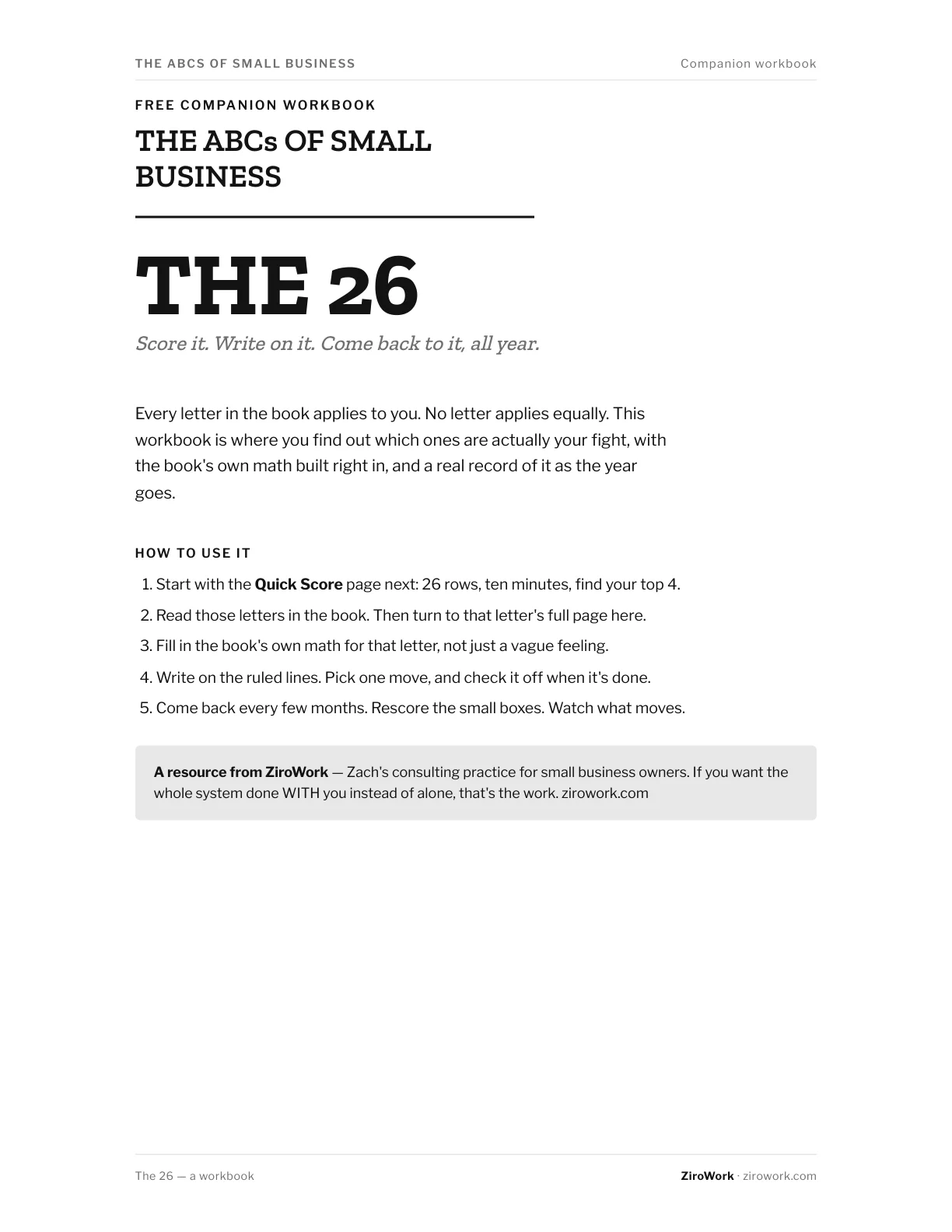 The cover page of The 26 workbook: score it, write on it, come back to it all year.
